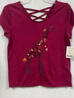 Mudd Girls Short Sleeve Giraffe Graphic Tee Maroon Tassel Strappy Back Size 10